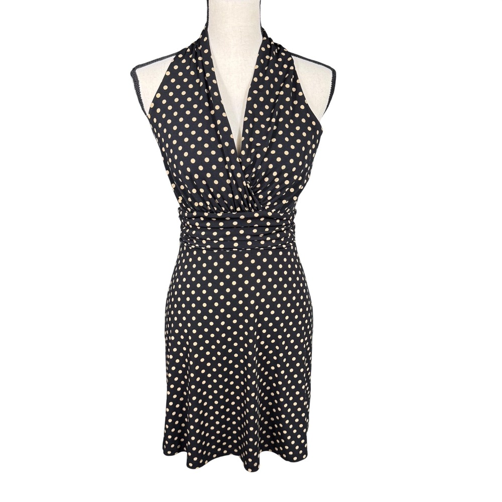 Enfocus Polka Dot Halter Dress Black Tan Ruched Waist 4P Sleeveless V-Neck